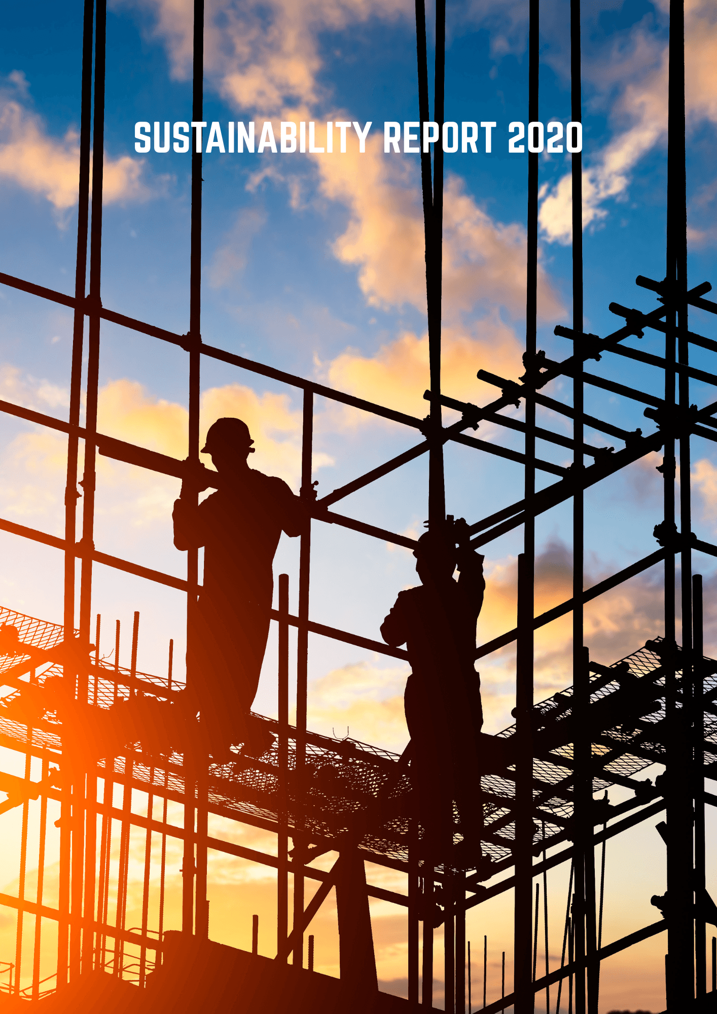Silhouetted construction workers on scaffolding are backlit by a golden sunset sky, with the white title ‘SUSTAINABILITY REPORT 2020’ centred above.