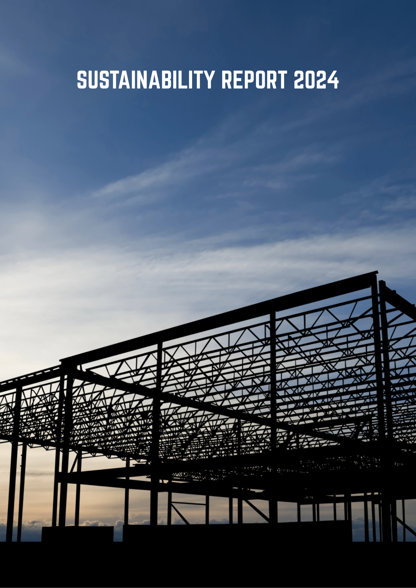 Dark silhouette of a steel framework structure against a dusky evening sky