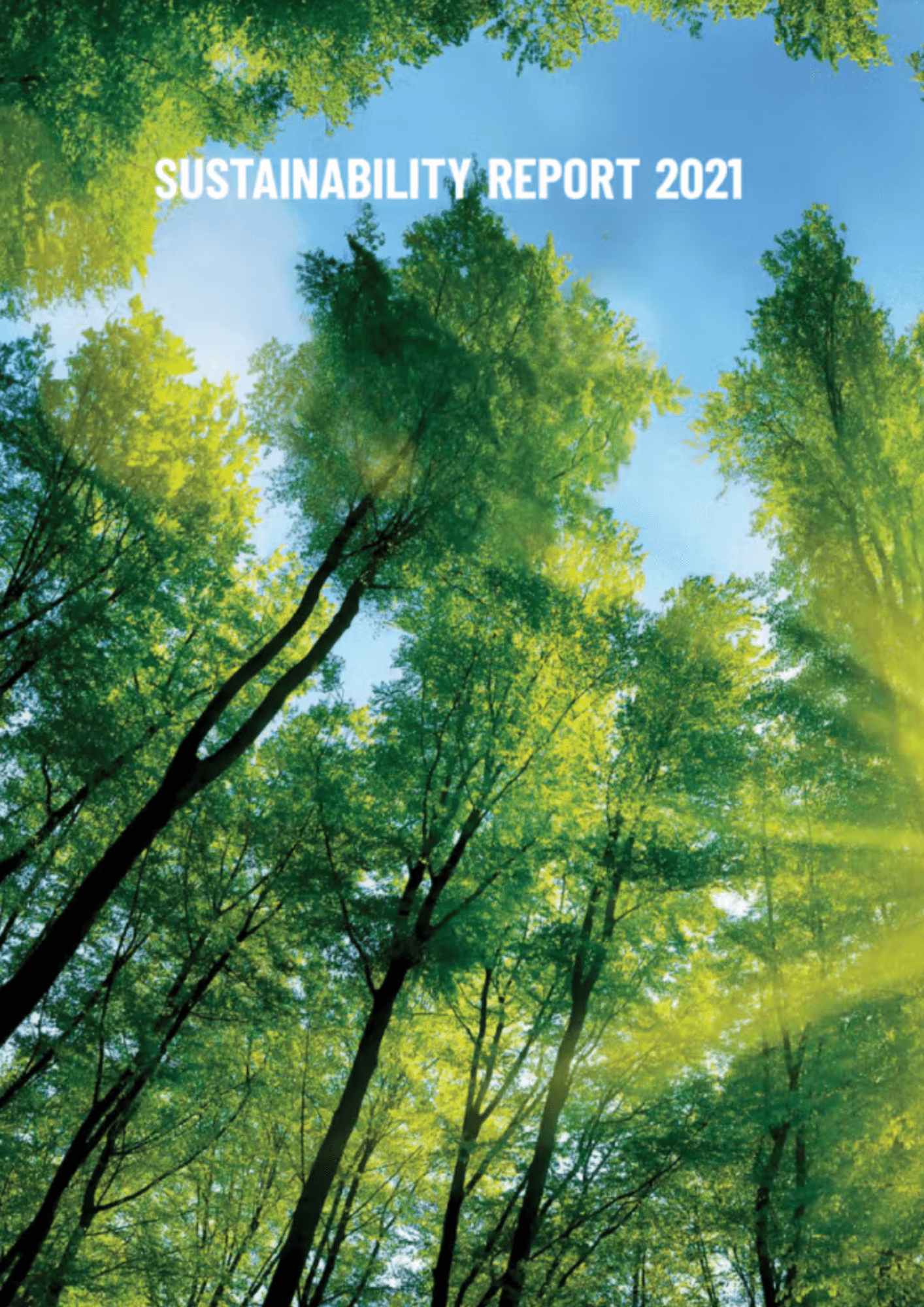 Upward view through a canopy of sunlit green trees against a bright sky, overlaid with bold white text reading ‘SUSTAINABILITY REPORT 2021’